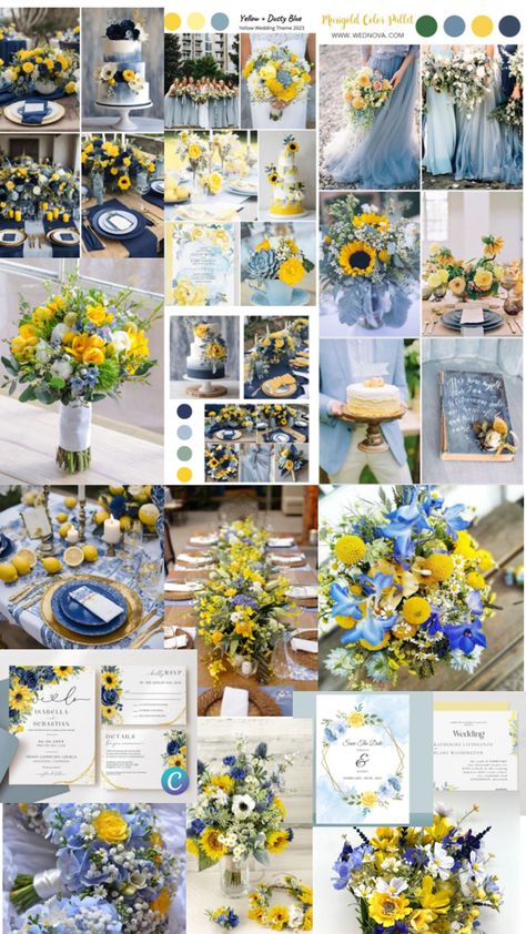 Light Yellow Weddings, July Wedding Colors, Blue And Yellow Wedding, Yellow Wedding Cake, Sunflower Wedding Cake, Wedding Theme Color Schemes, Yellow Wedding Theme, Wedding Color Pallet, Dusty Blue Wedding