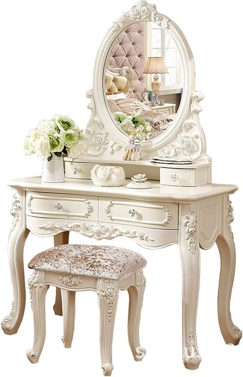 Amazon.com: Dressing Table Set with Mirror and Stool, Bedroom Dressing Tables with 2 Drawers, White Dressing Table with Stool and Locker, Dresser Table European Style Dressing Table (Color : with Stool, Size : Home & Kitchen Dressing Table Colour, Makeup Table With Mirror, Dressing Table Bedroom, White Makeup Vanity, Victorian Colors, Dressing Table With Drawers, White Dressing Tables, Makeup Vanity Set, Dresser Table