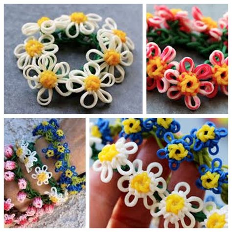 Crazy Loom, Daisy Flower Bracelet, Loom Tutorials, Loom Band Patterns, Fun Loom, Loom Love, Rainbow Loom Tutorials, Loom Band Bracelets, Rainbow Loom Rubber Bands