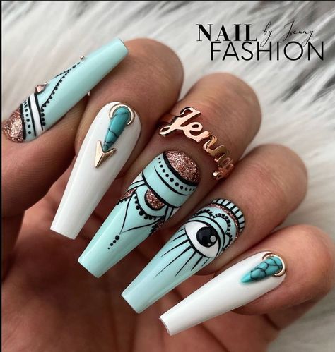 Turquoise Nails Western, Nail Designs Colorful, Luxury Nail Designs, Evil Eye Mandala, Nails Western, Nagel Design, Evil Eye Nails, Western Nails, Turquoise Nails