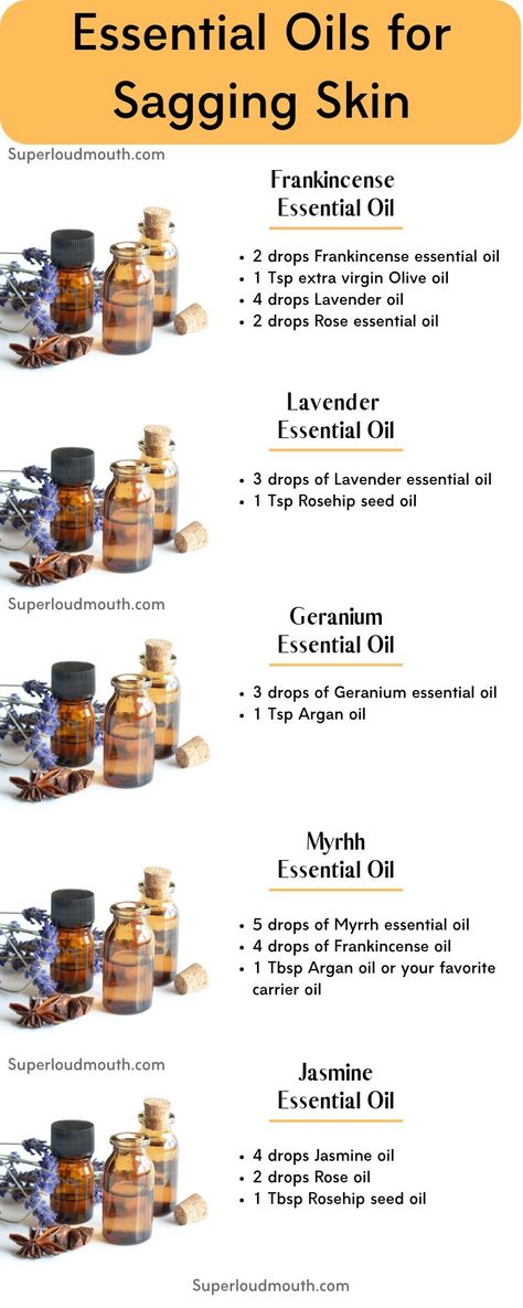 Get Rid Of Saggy Skin, For Skin Tightening, Myrrh Essential Oil, Jasmine Essential Oil, Essential Oils Guide, Essential Oils Health, Essential Oil Blends Recipes, Essential Oils For Skin, Frankincense Oil