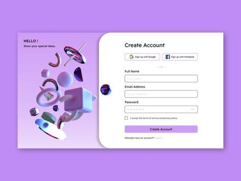 This is UI challenge in Daily Ui challenge website. And this is 001 challenge. Sign Up Page, Ui Design Website, Create Account, Daily Ui, Web Project, Page Design, Terms Of Service, Privacy Policy, Ui Design