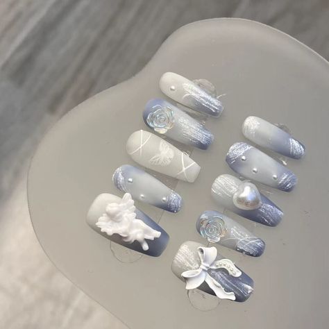 Handmade Angel&apos;s Kiss 3D Blue False Nail Long Coffin Press on Nail for Nail Art Nails Matte Blue, Kiss Press On Nails, Stiletto Nails Short, Angel Nails, Ballet Nails, Nails Matte, Nails Easy, Coffin Press On Nails, Really Cute Nails