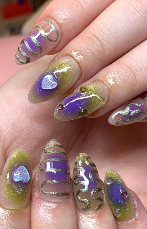 Purple Green Nail Art, Purple Green Gold Nails, Purple And Green Nail Art, Velma Redesign, Green And Purple Nails Ideas, Brown And Purple Nails, Y2k Purple Nails, Purple And Green Nails Acrylic, Green And Purple Nail Designs