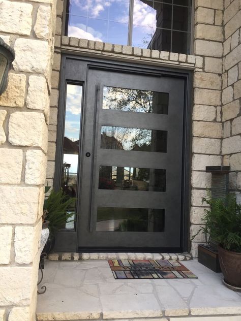 Front Door Replacement - Iron Doors, Steel Doors & Windows by Cantera Doors Metal Doors With Glass Panels, Modern Iron Doors Entrance, Cool Front Doors Modern, Modern Doors And Windows, Iron Exterior Doors, Exterior Front Doors Modern, Modern Steel Front Door, Front Door And Window Design, Iron Entrance Doors