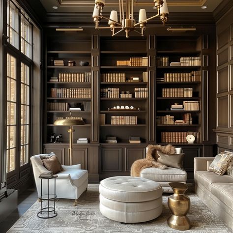 5 Home Color Trends of 2024 Mahogany Built In Shelves, Brown Painted Built Ins, Cool Library Design, Farrow And Ball Library, Sophisticated Bookshelves, Dark Brown Library, Brown Built Ins, Library Painting Ideas, Luxury Modern Home Office