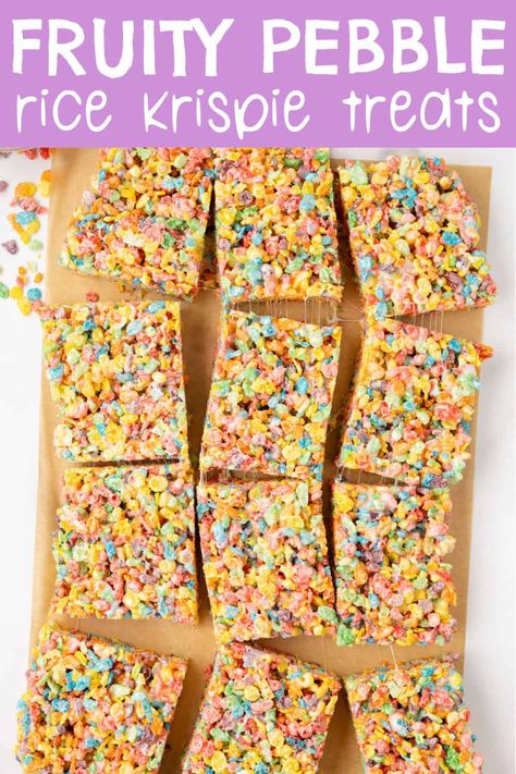 These Fruity Pebble Rice Crispy Treats are a delicious no bake dessert full of gooey marshmallows and fruity pebbles cereal. They are a fun twist on the classic recipe for rice krispie treats, and are an easy snack made with just four simple ingredients. Rice Crispy Treats With Different Cereal, Best Fruity Pebbles Rice Crispy Treats, Rice Krispie Treats Fruity Pebbles, Rice Crispy Treats Ideas, Fruity Pebbles Rice Crispy Treats, Fruity Pebbles Treats, Rice Krispies Recipe, Rice Krispie Bars, Chocolate Rice Krispie Treats