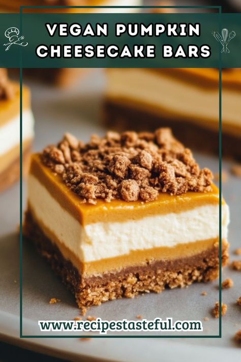 These Vegan Pumpkin Cheesecake Bars combine the creamy texture of vegan cheesecake with warm, cozy flavors of pumpkin. Perfect for fall or anytime you crave a decadent dessert! Vegan Pumpkin Cheesecake Bars, Cheesecake Recipes Vegan, Vegan Sweet Potato Cheesecake, Vegan Pumpkin Dessert, Vegan Pumpkin Bars, Pumpkin Pecan Cheesecake, Vegan Pumpkin Cheesecake, Sweet Potato Cheesecake, Pumpkin Cheesecake Bars