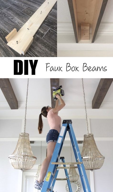 How To Create Faux Wood Beams, Ceiling Fan With Wood Beams, How To Make Ceiling Beams, Living Room Beams Ceiling, Living Room With Beams On Ceiling, Wood Beams On Ceiling, Diy Faux Beams, Dining Room Ceiling Ideas, Dining Room Tray Ceiling