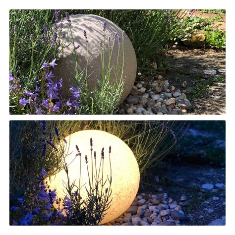 Stone Globe Lights, Garden Border Lights, Mediterranean Garden Lighting, Garden Globe Lights, Solar Globe Lights Outdoor, Stylish Garden Ideas, Stone Balls In Garden, Front Garden Lighting, Garden Solar Lighting Ideas