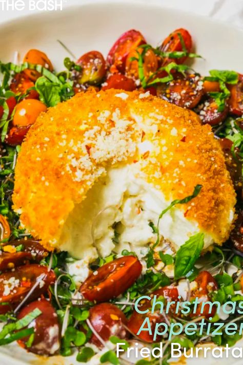 Fried burrata is a delicious and impressive Christmas appetizer to serve the year🧀 Click here for more Christmas appetizer recipes🎉 #christmasappetizer #christmasfood #partyfood #holidayfood #christmasrecipe #holidayrecipe #holidayappetizer #recipe #burrata #friedburrata #cheese #friedcheese Burrata Ideas, Fried Burrata, Burrata Appetizer, Christmas Appetizer Recipes, Mediterranean Foods, Recipes For Christmas, Feta Cheese Recipes, Curried Butternut Squash Soup, Christmas Appetizer