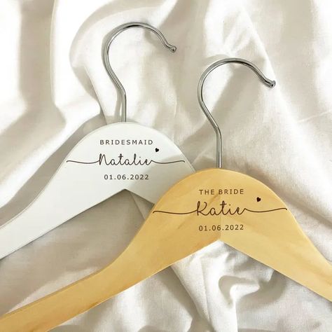 Wedding Coat Hangers: Beautiful Wedding Hangers to Buy and DIY - hitched.co.uk Diy Wedding Hangers, Hanging Wedding Dress, Wedding Coat Hangers, Engraved Hangers, Bridal Hangers Personalized, Wedding Dress Hangers, Homemade Wedding Favors, Bridesmaid Hangers, Bride Hanger