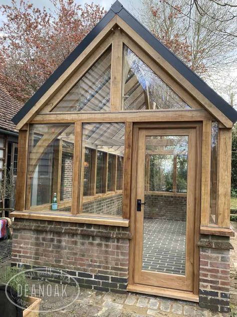 Brick And Glass Greenhouse, Walk In Greenhouse Ideas, Brick Floor Greenhouse, Green House Designs, House With Greenhouse Attached, Stone Greenhouse, Hexagonal Greenhouse, Forest Greenhouse, Garden Glass House