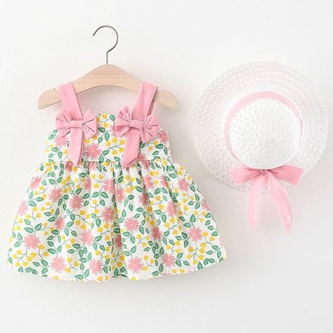 2Piece Summer Clothes Baby Girl Beach Dresses Casual Fashion Print Cute Bow Flower Princess Dress+Hat Newborn Clothing Set . 2023 Summer Dresses, Baby Summer Dresses, Kids Frocks Design, Kids Dress Wear, Summer Baby Clothes