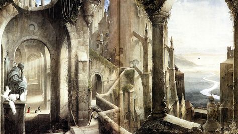 Gormenghast by Alan Lee - Imgur Crumbling Castle, Alan Lee Art, Alan Lee, John Howe, Tolkien Art, Fantasy Places, A Castle, Fantasy Artist, Modern City