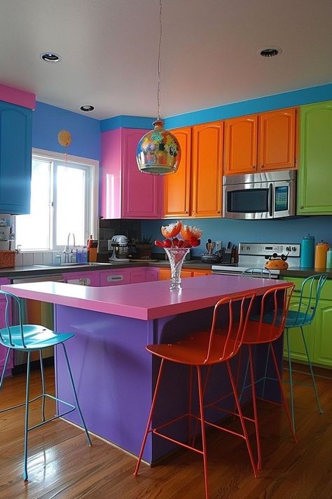 Rainbow Apartment, Rainbow Kitchen, Funky Kitchen, Art Deco Ideas, Quirky Kitchen, Condo Interior Design, Condo Interior, Kitchen Makeovers, Dopamine Decor