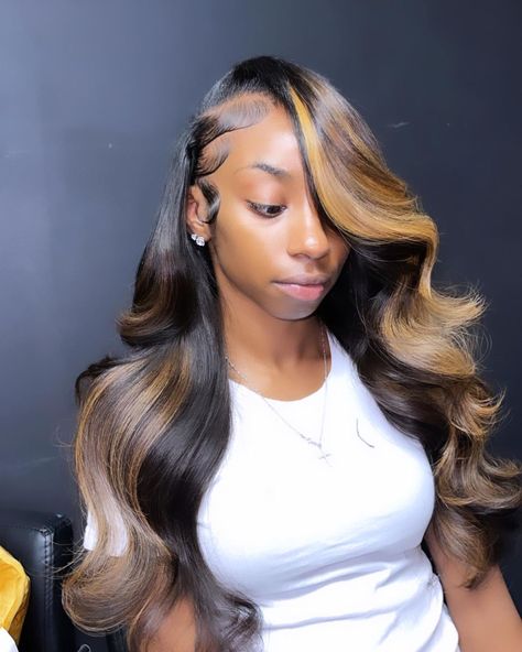 Sew In Weave With Closure Color Highlights, Glue Ins Hairstyles, Side Part Sew In With Leave Out Highlights, Ombre Leave Out Sew In, Sew In With Brown Highlights, Traditional Sew In With Highlights, Sewin Styles, Black With Brown Highlights, 2x6 Closure