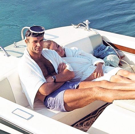 Class Golden Era on Instagram: “Claudine Auger and Sean Connery, on the set of Thunderball in 1965, relaxing on a boat after a scuba diving session in the Bahamas.” Sean Connery James Bond, Claudine Auger, John Barry, James Bond Style, Ursula Andress, James Bond Movies, Slim Aarons, Bond Films, Bond Movies