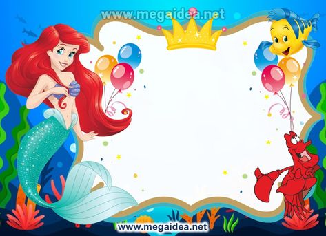 Invitaciones de Ariel para Editar GRATIS 1 Mermaid Party Invitations, Ariel Party, School Border, Butterfly Cake Topper, Butterfly Cakes, Happy Birthday Fun, Disney Ariel, Frozen Birthday Party, Frozen Birthday