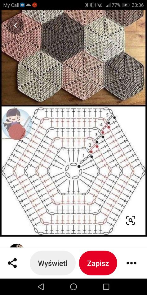 Granys Crochet Squares Free Pattern, Granny Hexagon Pattern, Crochet Chart Pattern, Projek Mengait, Granny Hexagon, Granny Square Häkelanleitung, Granny Square Crochet Patterns Free, Crochet Carpet, Crochet Bedspread Pattern