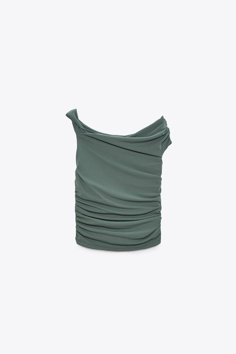 RUCHED ASYMMETRIC TOP - Blue green | ZARA United States Asymmetric Top, Asymmetric Neckline, Teen Top, Draped Top, Shopping Ideas, Asymmetrical Tops, Draped Fabric, Rich Girl, Zara United States