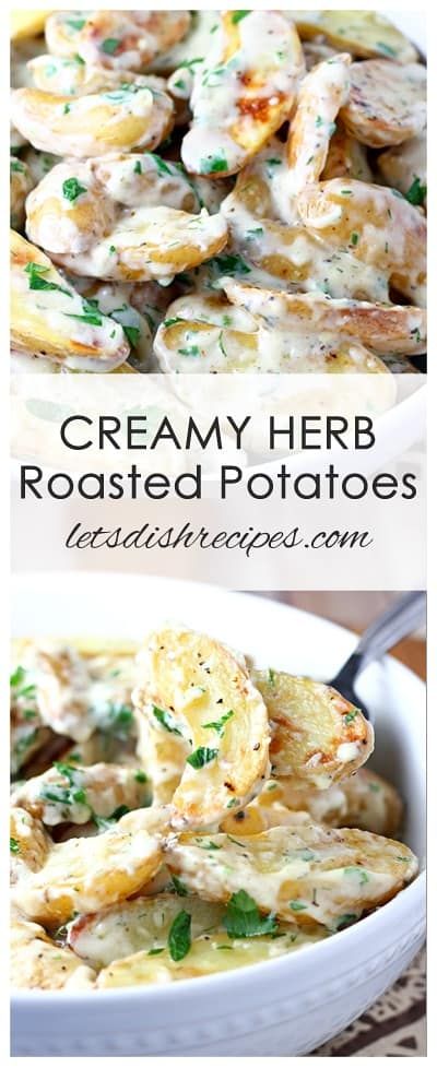 Creamy Herb Roasted Fingerling Potatoes Side Dishes Unique, Potato Foods, Thanksgiving Recipes Side Dishes Healthy, Garlic And Herb Sauce, Fingerling Potatoes Recipes, Unique Side Dishes, Roasted Fingerling Potatoes, Thanksgiving Food Sides, Herb Roasted Potatoes