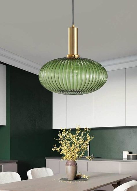 Green glass lamp. This elegant and cheerful lamp is perfectly at home in modern and contemporary aesthetics Art Deco Lamp Ceiling, Reeded Glass, Luminaire Vintage, Hanging Ceiling Lamps, Large Pendant Lighting, Kitchen Ceiling Lights, Ceiling Hanging, Pendant Lamp Shade, Glass Pendant Lamp