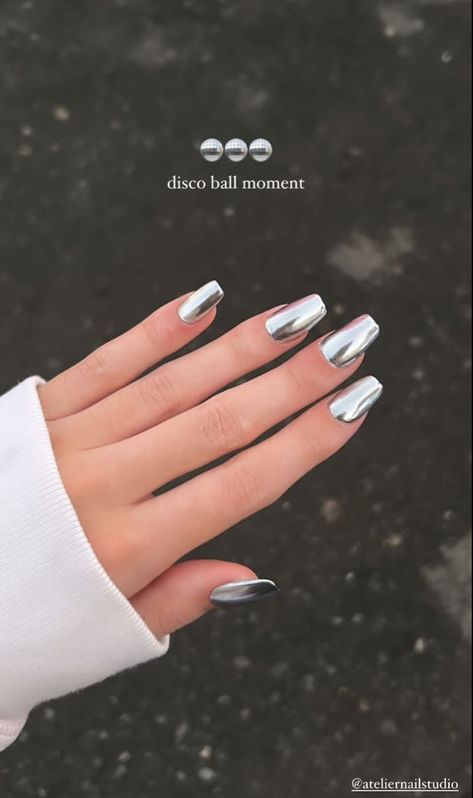 Classy Square Nail Designs, Square Silver Chrome Nails, Abba Inspired Nails, Dancing Queen Nails, Disco Inspired Nails, Disco Party Nails, Disco Theme Nails, Disco Themed Nails, Disco Ball Nail Art