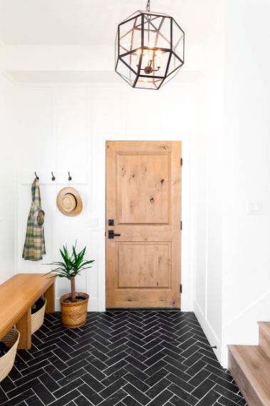 Entryway Tile Floor, Farmhouse Entryway Ideas, Black Herringbone Tile, Black Floors, Herringbone Tile Floors, Entryway Tile, Black Floor Tiles, White Tile Floor, Farmhouse Entryway