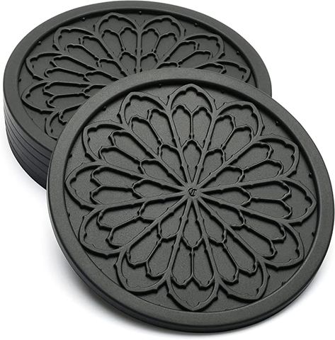 Amazon.com: Silicone Coasters for Drinks - 6 Pack 4" Drink Coasters for Aesthetic Room Decor - Goth Accessories for Kitchen Gadgets by COASTERFIELD (Gray) : Home & Kitchen Killstar Home Decor, Gothic Plates, Goth Coffee Bar, Gothic Rose Window, Gothic Room Decor, Accessories For Kitchen, Goth Kitchen, Gothic Kitchen, Window Pattern