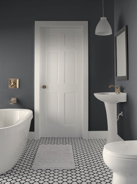 Bathrooms With Dark Walls, Bathroom Paint Colors With Black Vanity, Bathroom Paint Colors With Grey Tile, Paint Color For Small Bathroom No Window, Grey Bathroom Paint Colors, Grey Paint Colors For Bathroom, Paint For Black And White Bathroom, Bathroom Wall Colors With White Cabinets, Black And White Bathroom Color Schemes