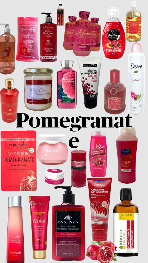 Smell Like Pomegranate, How To Smell Like Pomegranate, Pomegranate Perfume, Virgina Smell Good, Red Skincare, Pomegranate Aesthetic, Scent Combos, Shimmer Body Oil, Body Hygiene