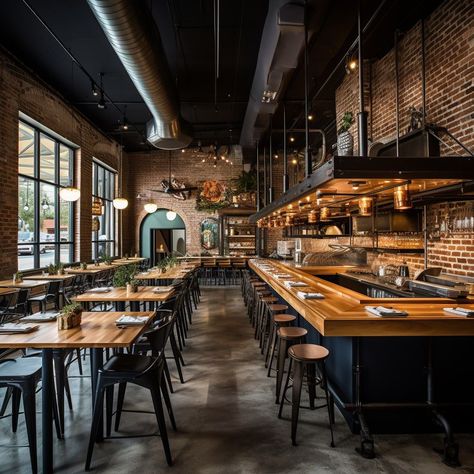 Microbrewery Interior Design, Industrial Style Restaurant Design, Modern Farmhouse Restaurant, Grill Restaurant Design, House Outside Colour Combination, Industrial Restaurant Design, Hangout Space, Home Bar Ideas, Vintage Coffee Shops