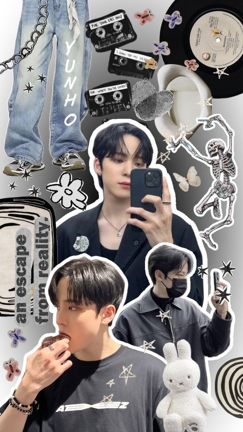 #yunhoateez #ateez #atiny #yunho #wallpaper #collage #fyp Yunho Wallpaper, Kpop Backgrounds, Home Lock Screen, Jeong Yun-ho, Band Wallpapers, Wallpaper Collage, Aesthetic Desktop Wallpaper, Kpop Posters, Aesthetic Collage