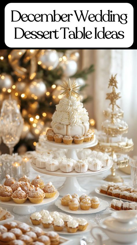 December wedding dessert table ideas featuring seasonal treats and elegant displays. Dessert Table Winter Wonderland, Elegant Cookie Table Wedding Display, Christmas Dessert Table Display Ideas, White Desserts Table, Christmas Dessert Table Display, Christmas Sweets Table, Christmas Party Dessert Table, Winter Wonderland Dessert Table, Winter Dessert Table