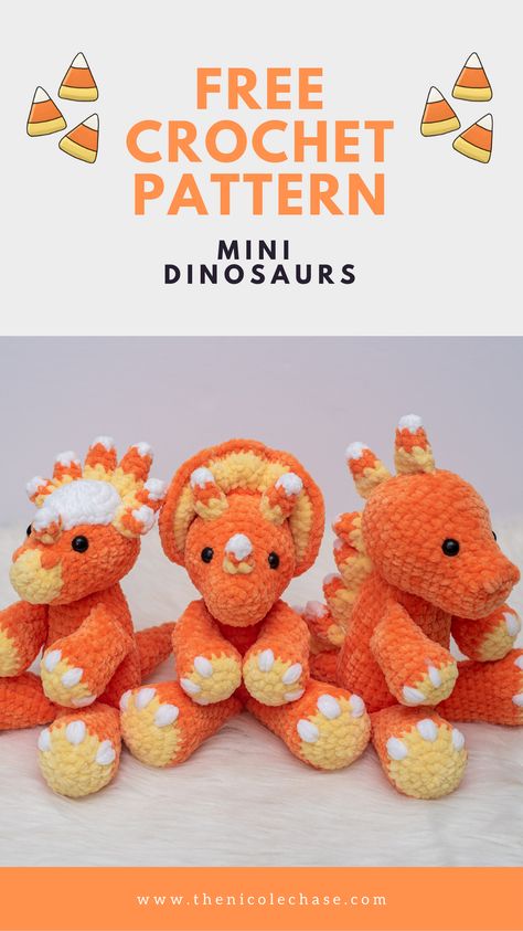 Crochet Dinosaur Plushies, Animals To Crochet For Beginners, Candy Corn Dinosaur Crochet, Crochet Plushie Dinosaur, Crochet Cute Stuffed Animals, Crochet Squish Pattern Free, Fast Crochet Stuffed Animals, Simple Crochet Stuffies, Crochet Stuff Animals Free Patterns