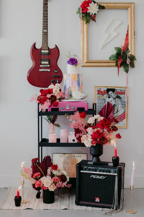 No-Fuss, All Disco: Vegas Meets True Romance Wedding Ideas You Will Love! · Rock n Roll Bride Festa Rock Roll, Casa Rock, Apartment Remodel, Yummi Candles, Edgy Bridal, Rock N Roll Party, Colorful Cake, Pink Guitar, Rock N Roll Wedding