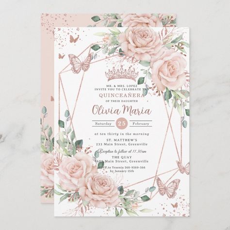 Pink And White Invitations, Boho Debut, Rose Gold Makeup Looks, Xv Ideas, Rose Gold Quinceanera, Sweet 15 Party Ideas Quinceanera, Sweet 15 Party Ideas, Quinceanera Pink, Debut Invitation