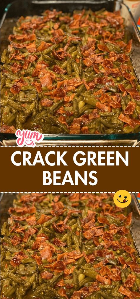 These green beans are so addictive, they're named "crack" green beans. Cooked with bacon, butter, and brown sugar, they're a sweet and savory side dish that's hard to resist. Southern Green Bean Recipes, Canned Green Bean Recipes, Green Bean Side Dish Recipes, Cracked Green Beans, Baked Green Beans, Beans With Bacon, Beans In Crockpot, Green Beans Side Dish, Green Beans With Bacon