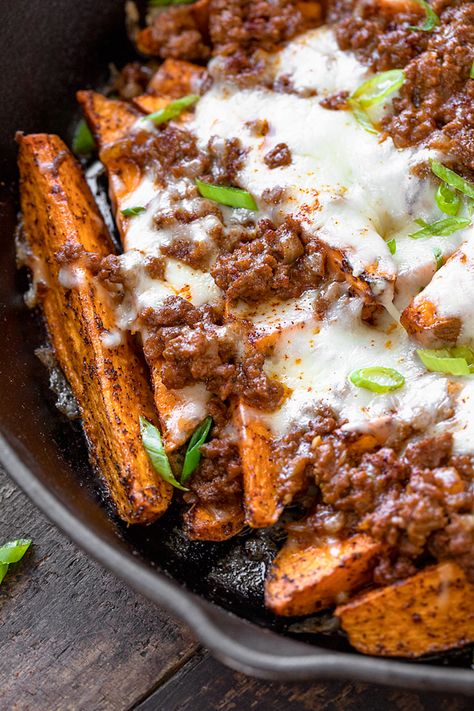 These baked sweet potato fries with chili cheese are a colorful and healthier take on traditional chili cheese fries!! | thecozyapron.com #bakedsweetpotatofries #bakedsweetpotatofriesoven #bakedsweetpotatofriesrecipes #bakedsweetpotatofrieschilicheese Sweet Potato Fries Dinner Meals, Sweet Potato Chili Fries, Chili Cheese Sweet Potato Fries, Dinner With Sweet Potato Fries, Sweet Potato Fries Meal Dinners, Sweet Potato Fries Casserole, Loaded Sweet Potato Fries Healthy, Sweet Potato Loaded Fries, Sweet Potato Fries Loaded