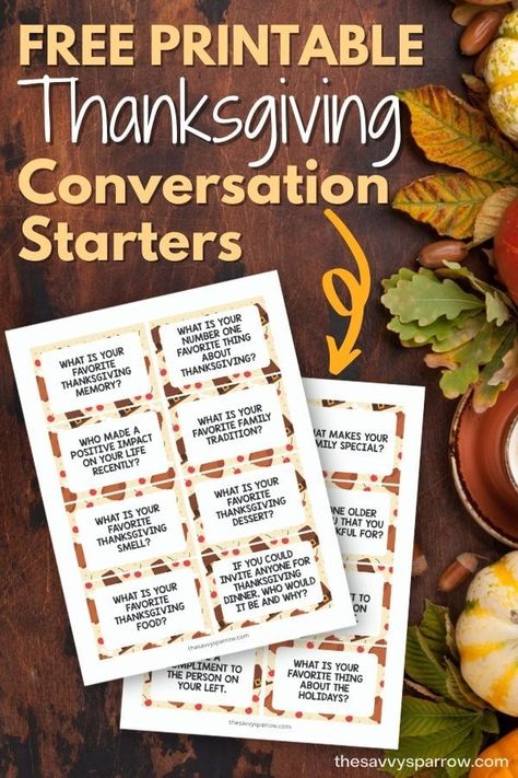 If you're hosting Thanksgiving dinner, then you NEED these free printable Thanksgiving conversation starters! These Thanksgiving dinner conversation cards are a great way to keep the dinner table talk flowing! Thanksgiving Table Talk, Thanksgiving Table Activities, Thanksgiving Table Games, Thanksgiving Conversation Starters, Dinner Conversation Starters, Thanksgiving Questions, Free Printable Thanksgiving, Free Thanksgiving Printables, Free Fall Printables