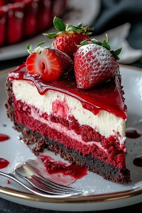 Red Velvet Strawberry Cheesecake Red Velvet Cake Strawberries, Red Velvet Strawberry Cake, Red Velvet Strawberry Cheesecake, Cute Desserts Recipes, Cheesecake Recipes Strawberry, Red Velvet Cake Ideas, Best Strawberry Cheesecake Recipe, Red Velvet Food, Strawberry Desserts Recipes