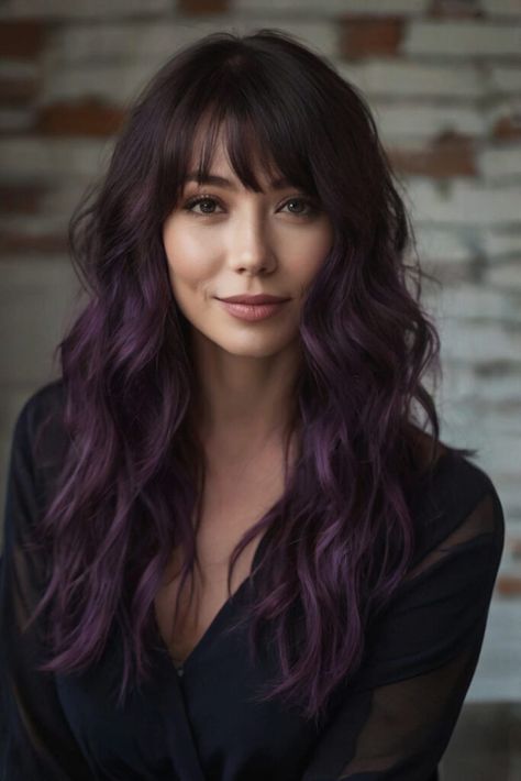 Midnight Purple Hair Color Ideas: Elevate Your Hair Game with These Trendy Shades! Purple Hair Olive Skin, Purple Tinted Hair Brown, Money Piece Purple, Dark Brown With Purple Highlights, Lavender Balayage Brunette, Purple Hair With Money Piece, Purple Balayage Brunette, Brunette Purple Hair, Brown Hair With Purple Underneath