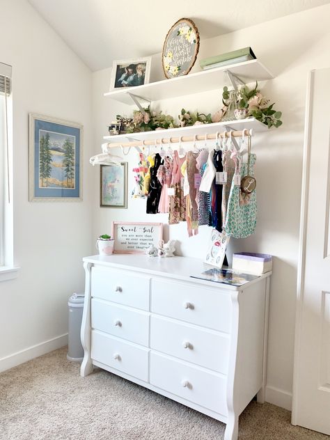 Diy Nursery Closet Shelves, Open Shelving Nursery, Nursery Organization No Closet, Nursery No Closet Ideas, No Closet Solutions Nursery, Nursery Storage No Closet, Nursery With No Closet Ideas, Nursery Open Closet Ideas, No Closet Nursery