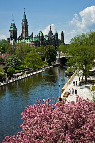 The Rideau Canal, Canada  connects the city of Ottawa,  to the city of Kingston, Ontario.  It is 202 kilometres in length.  The name Rideau, French for "curtain", is derived from the curtain-like appearance of the Rideau River's twin waterfalls where they join the Ottawa River.  Photo: flickr.com/photos Ottawa Travel, Ottawa River, Ottawa Canada, Canada Eh, Ottawa Ontario, Retirement Travel, Ottawa, Medieval Castle, Kingston