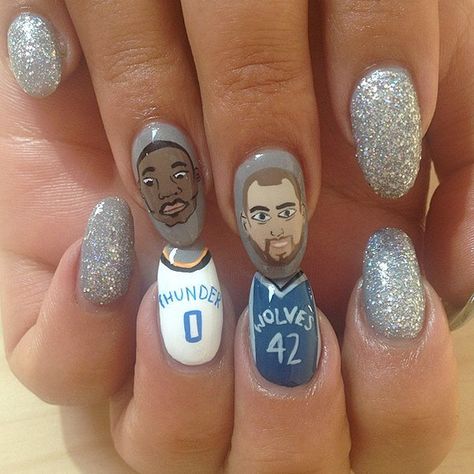 NBA Nails Basketball Nails, Nails Painted, Kevin Love, Sassy Nails, Okc Thunder, Russell Westbrook, Minnesota Timberwolves, Nail Paint, Nails Inspo