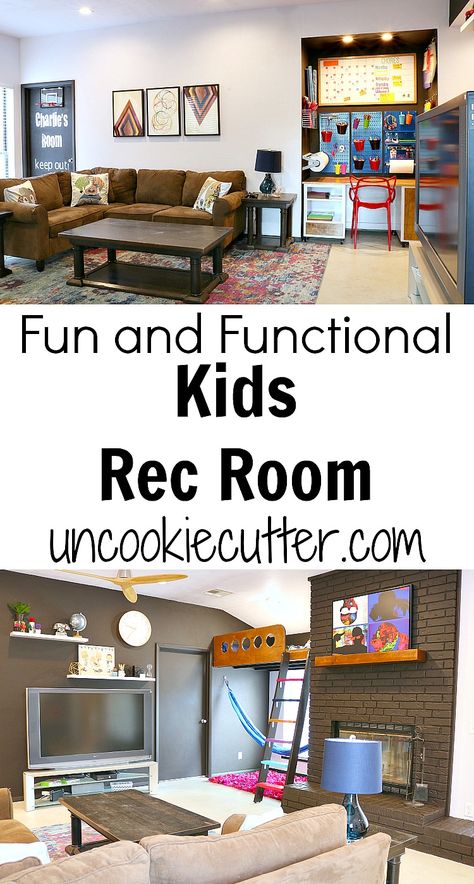 We have completed our kids rec room makeover and what was once drab and disgusting is now fun, bright and functional! UncookieCutter.com Built In Loft Bed, Kids Rec Room, Built In Loft, Teen Playroom, Kids Hangout Room, Teen Basement, Teen Lounge Rooms, Hangout Room Ideas, Teen Hangout Room