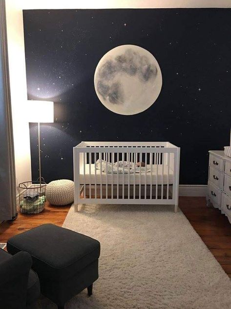 Glow in the Dark Moon Galaxy Baby Nursery, Baby Room Boy, Black Nursery, Baby Nursery Inspiration, Baby Room Themes, Toddler Playroom, Baby Boy Room Nursery, Baby Room Design, Space Room