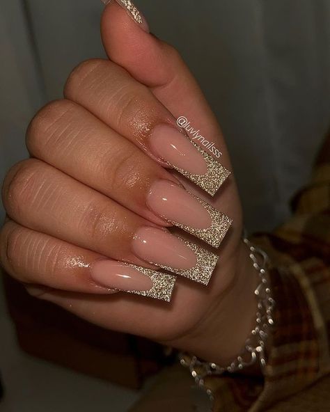 50 Best Winter Nail Art Ideas to Try Nails Acrylic Gold French Tips, Hoco Nails Champagne, Champagne Nails For Prom, Classy Gold Nails Acrylic, Prom Nails Beige, Nails For A Gold Prom Dress, Champagne Colored Nails Acrylic, Tan Birthday Nails, Light Gold Nails Acrylic