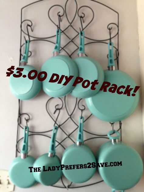 Diy Hanging Pot, Pan Storage Diy, Cheap Curtain Rods, Wall Storage Diy, Pan Hanger, Hanging Pot Rack, Diy Clothes Rack, Pot Racks, Pot Rack Hanging